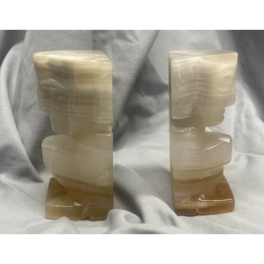 Vintage Tiki Totem Aztec Carved Stone Mayan Marble Statue Bookends 5” Stone Onyx